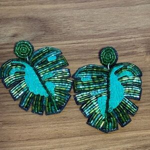 Green Beaded Palm Leaf Earrings
